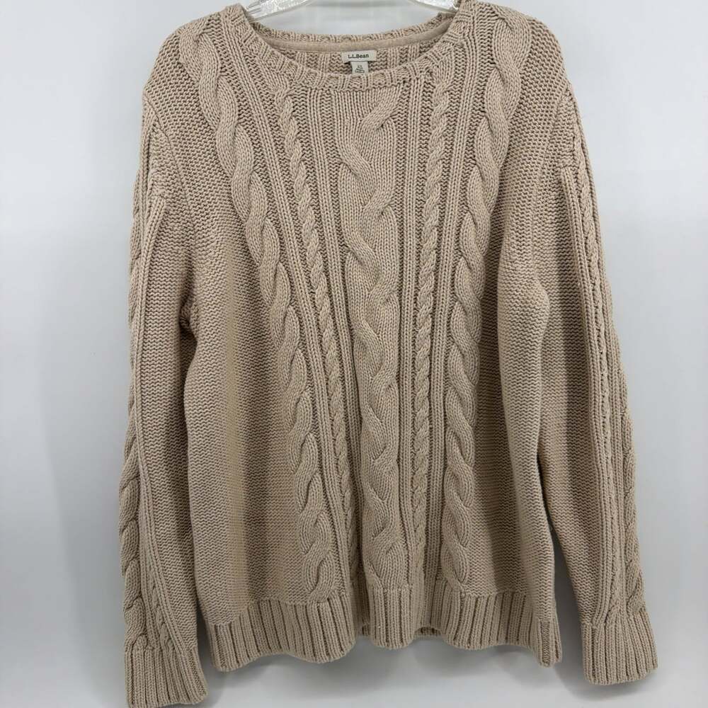 L.L. Bean Signature Sweater 2XL Beige Cable Knit Crew Neck Fisherman Men/Women